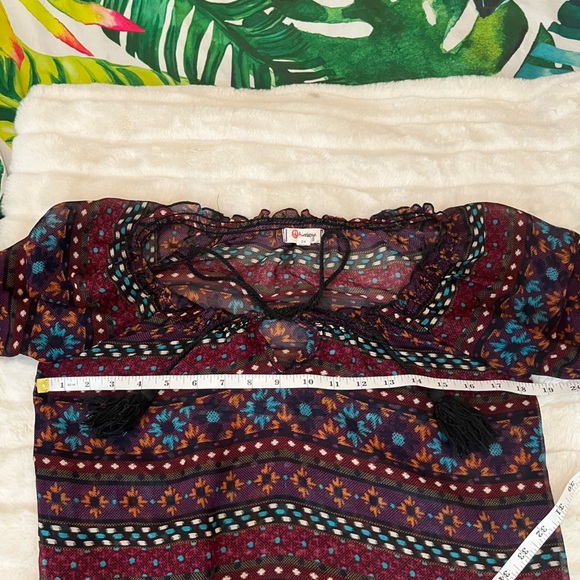 Olsenboye Small Red Black Sheer Boho Cropped Spring Summer Fall Blouse - Picture 5 of 6